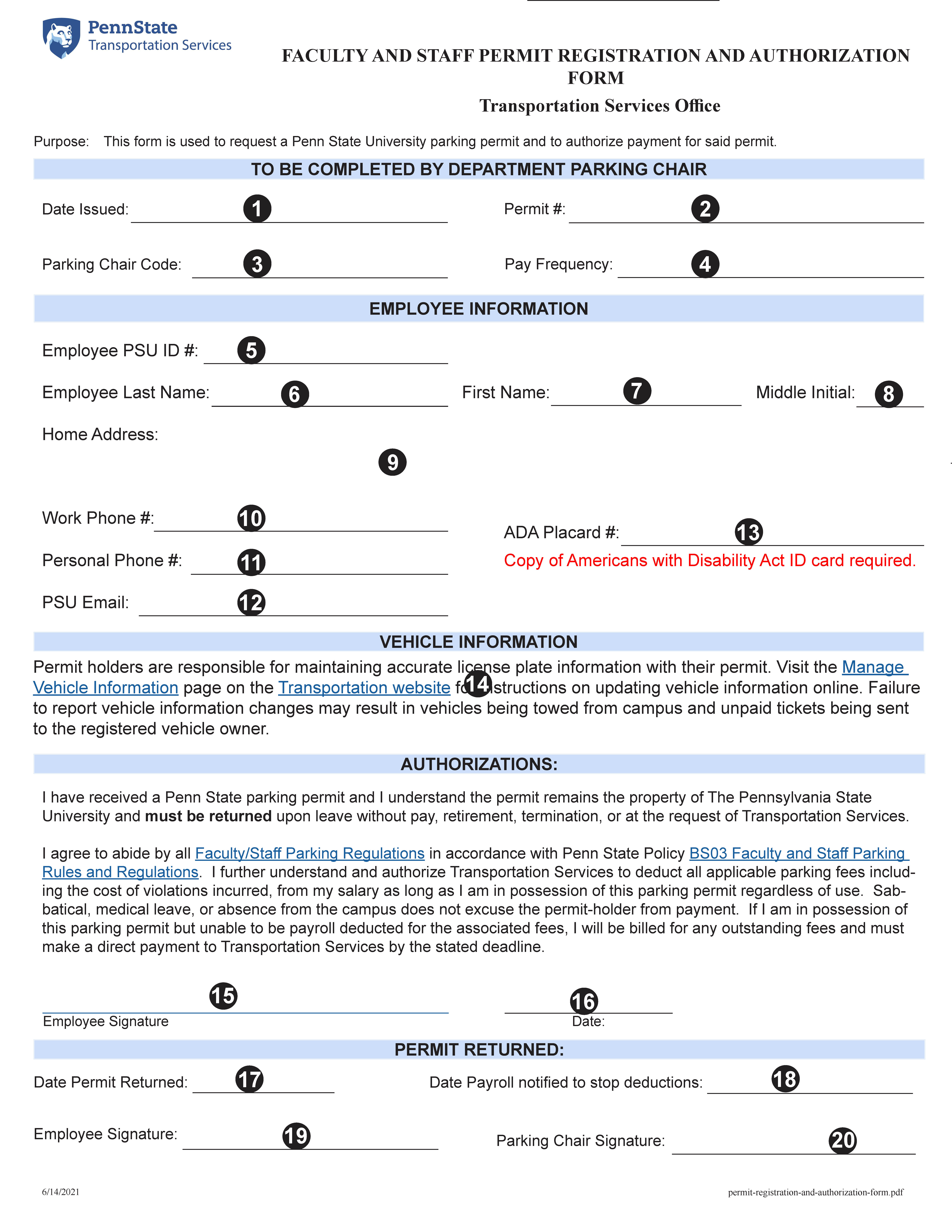 Image of Faculty and Staff Permit Registration and Authorization Form